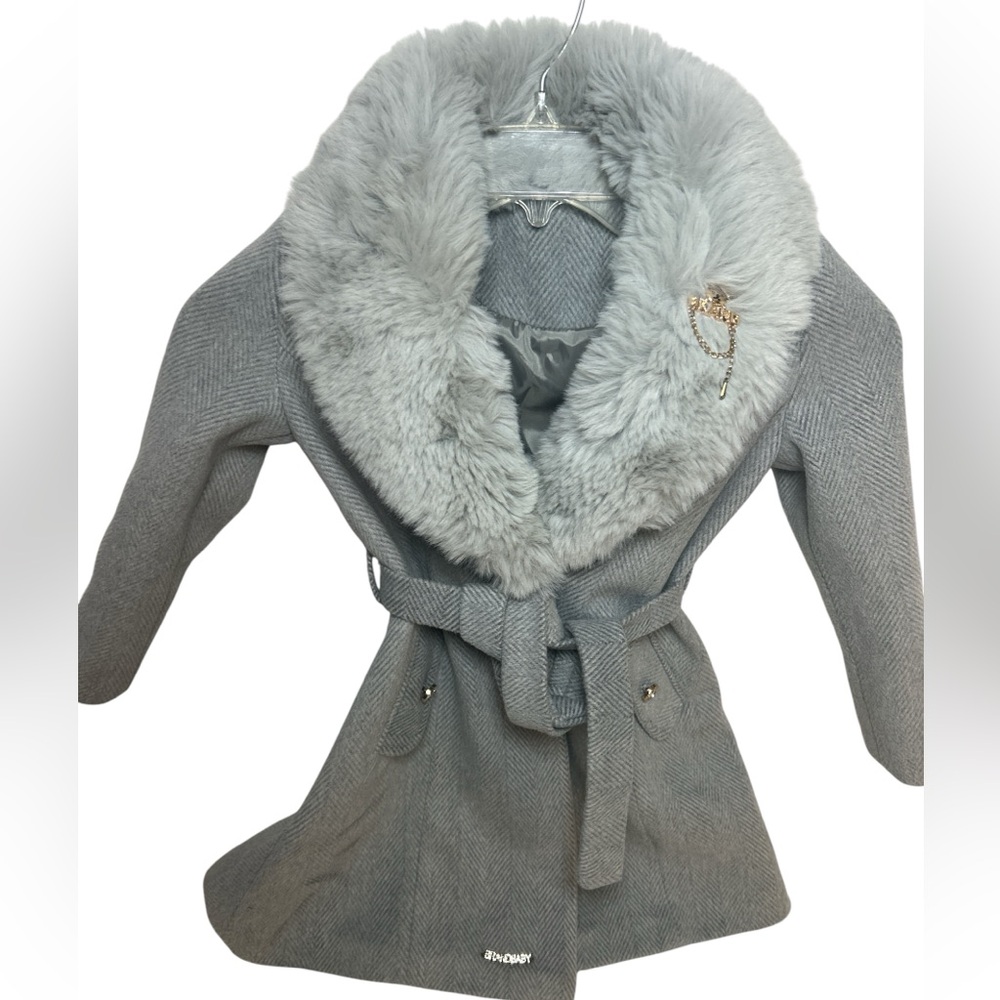 Girls' Gray Faux-Fur Collar Belted Trench Coat